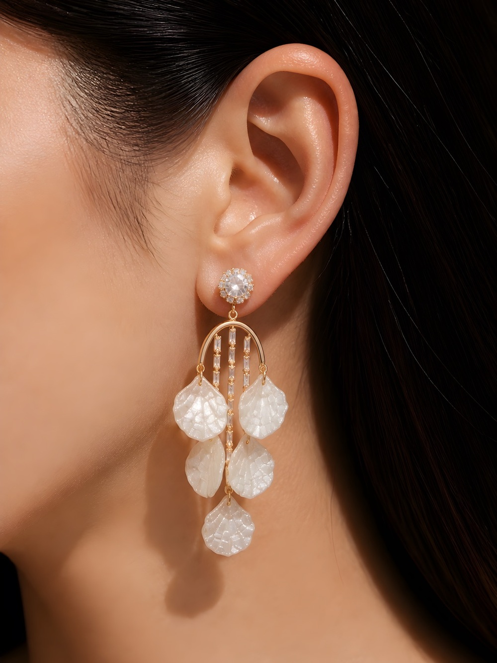 Gold and White Petal Chandelier Earrings - Elegant Women Jewelry